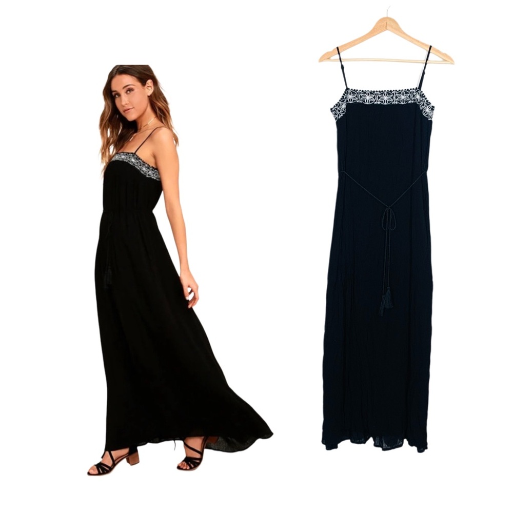 Lulu's Rockaway Beach Maxi Sundress in Black Size Small Embroidered Gauzy